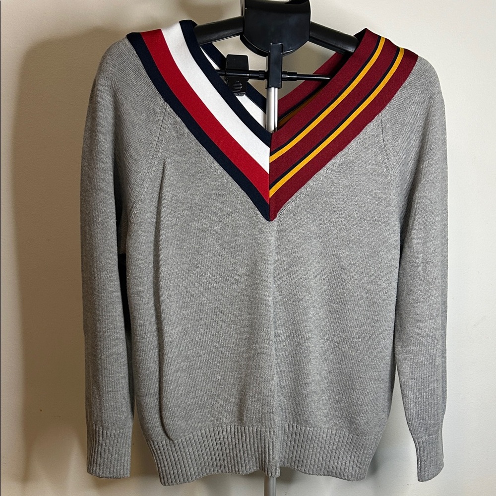Tommy Hilfiger Gray V-Neck Sweater with Multicolor Stripes